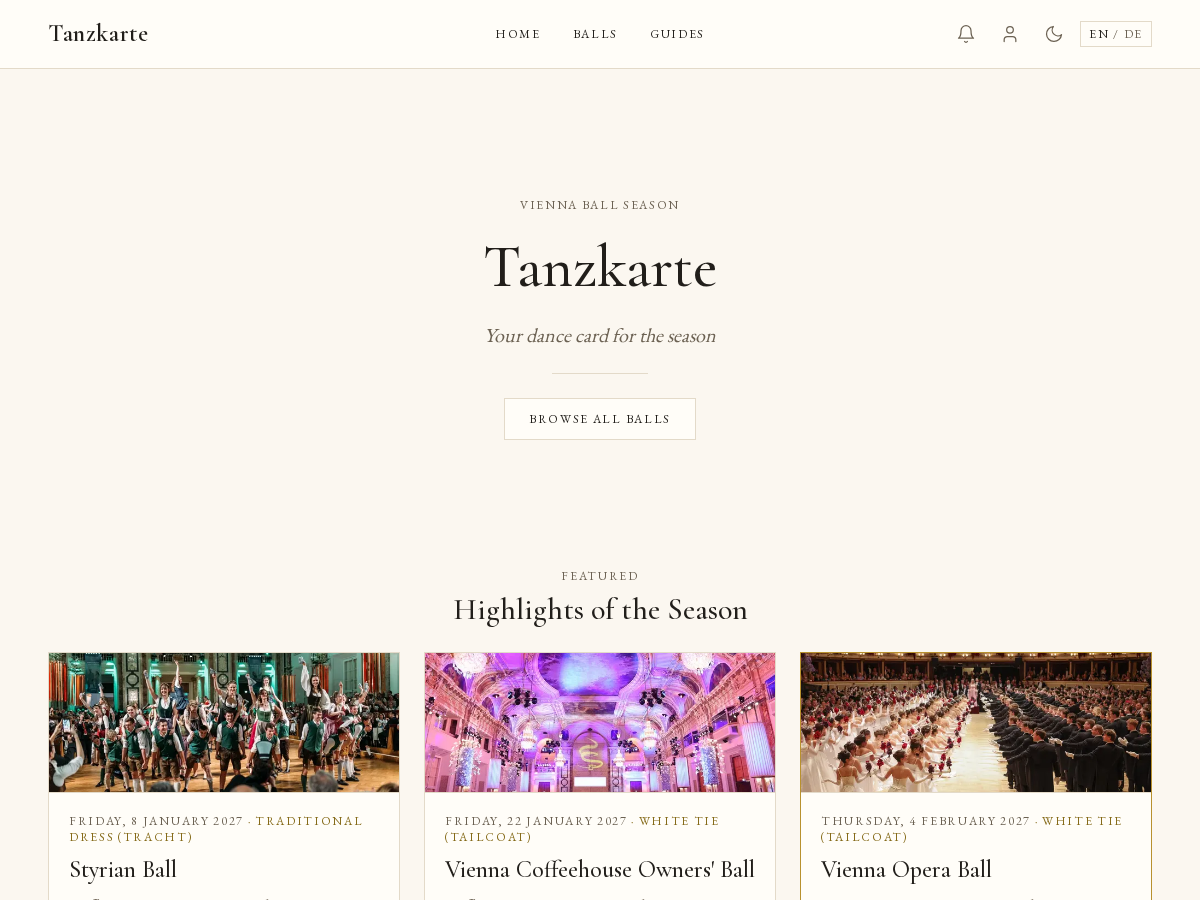 The Tanzkarte homepage, in English