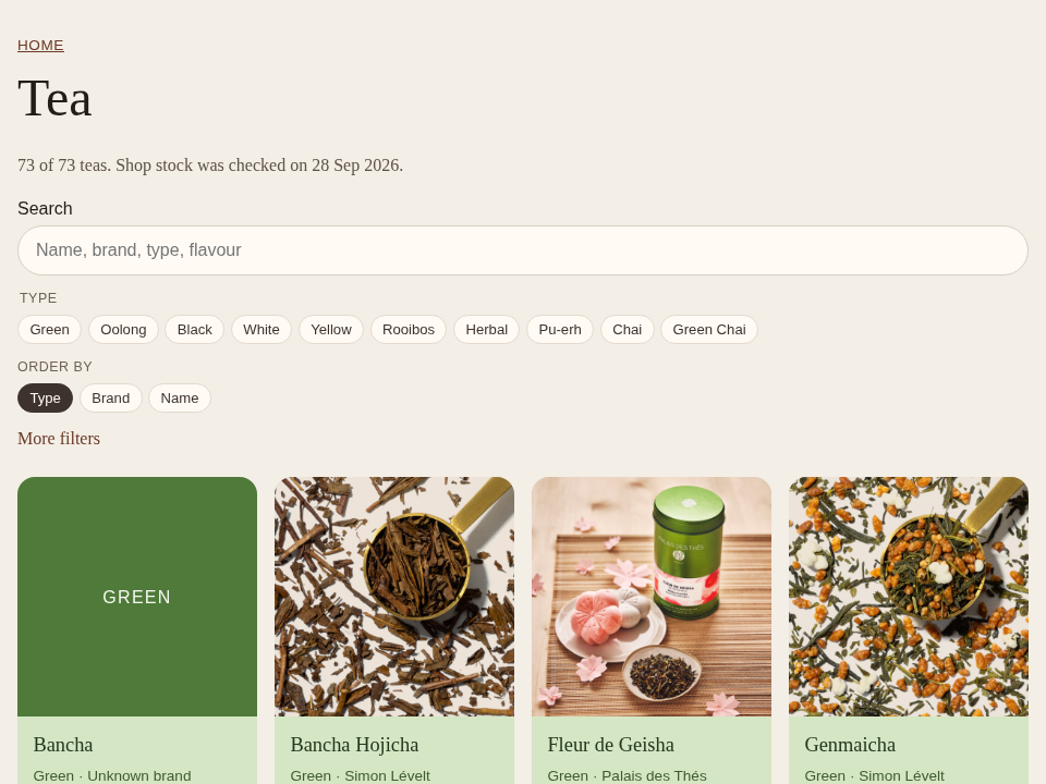 The tea collection page